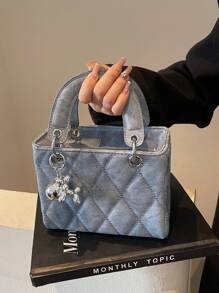 Mini bolsa de mão bordada em losangos de cor sólida, bolsa tote casual feminina transversal com borla