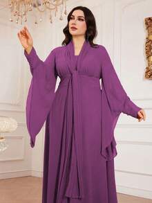 大码女式纯色飘逸领子，褶皱领口工艺，不对称下摆优雅长袖连衣裙，胸部褶皱，腰部收褶，高腰，柔软，不对称袖子设计，适合各种场合：日常、节日、休闲 - 紫色 - 查看 3