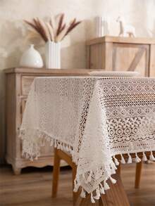 1 chiếc khăn trải bàn khoét rỗng màu be, khăn trải bàn cắt ren Farmhouse có tua rua, thích hợp cho phòng ăn, nhà bếp, phòng khách, phòng ngủ, khách sạn, trang trí tiệc, sử dụng cho mọi mùa - Màu be - Xem 10