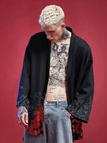 Chinesischer Stil Blumeallover-Muster schwarze locker sitzende Lässig Cardigan Kimono Jacke für Herren, Große Größen