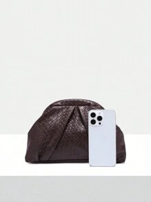 女士复古简约串珠亮片热带植物编织压花安哥拉红铆钉装饰大容量褶皱云朵手拿包，适合晚会、日常装扮