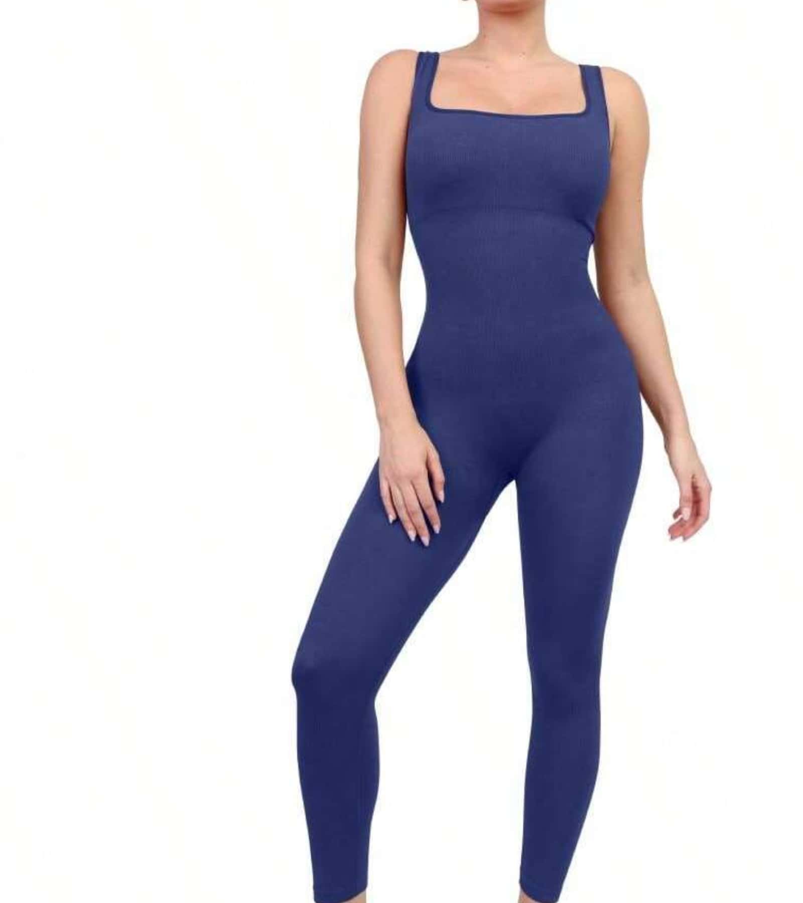 Popilush Jumpsuits For Women Built-In Bra Square Neck Ribbed Bodycon Workout Seamless Leggings Rompers Bodysuits - 藍色 - 查看 1