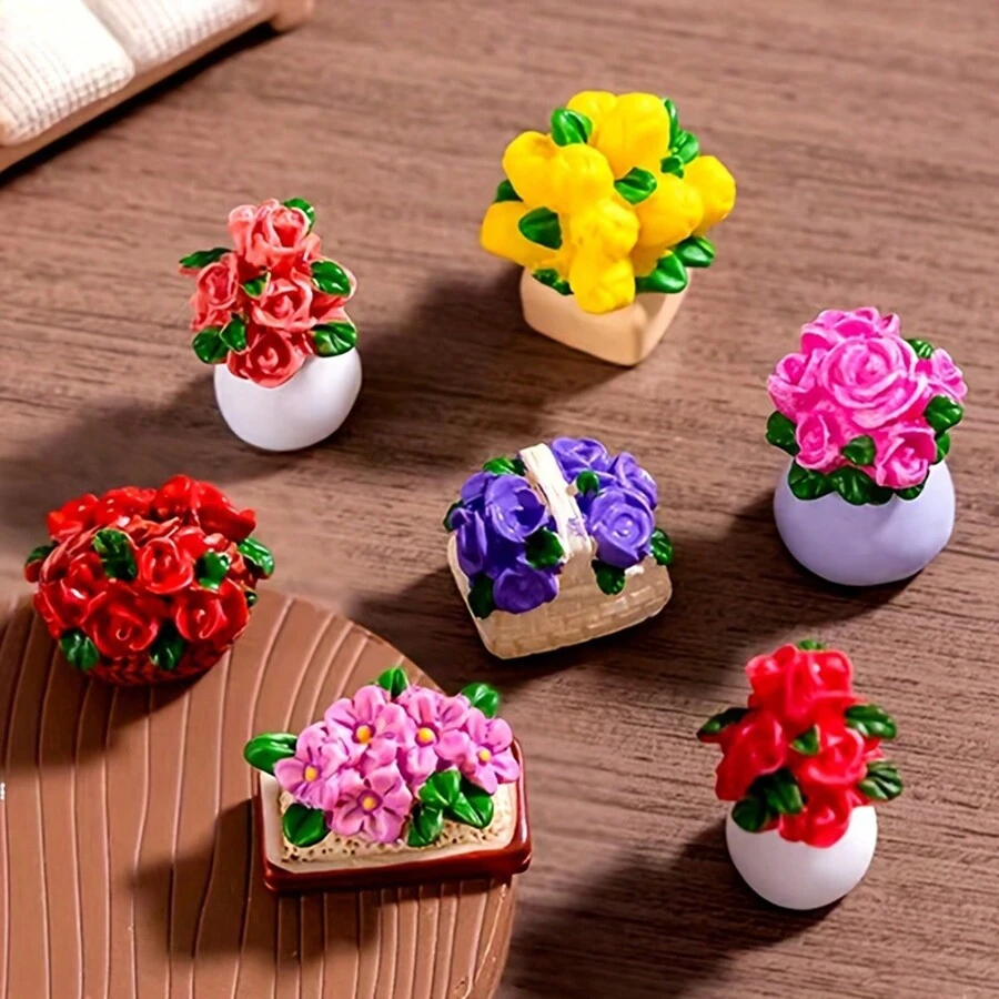 1 pieza Conjunto de figuras en miniatura de macetas de flores, arreglos florales de resina elaborados, versátiles para exhibición en interiores, decoración de jardín y mesa, sin electricidad necesaria - flores surtidas en varias macetas, excelente regalo