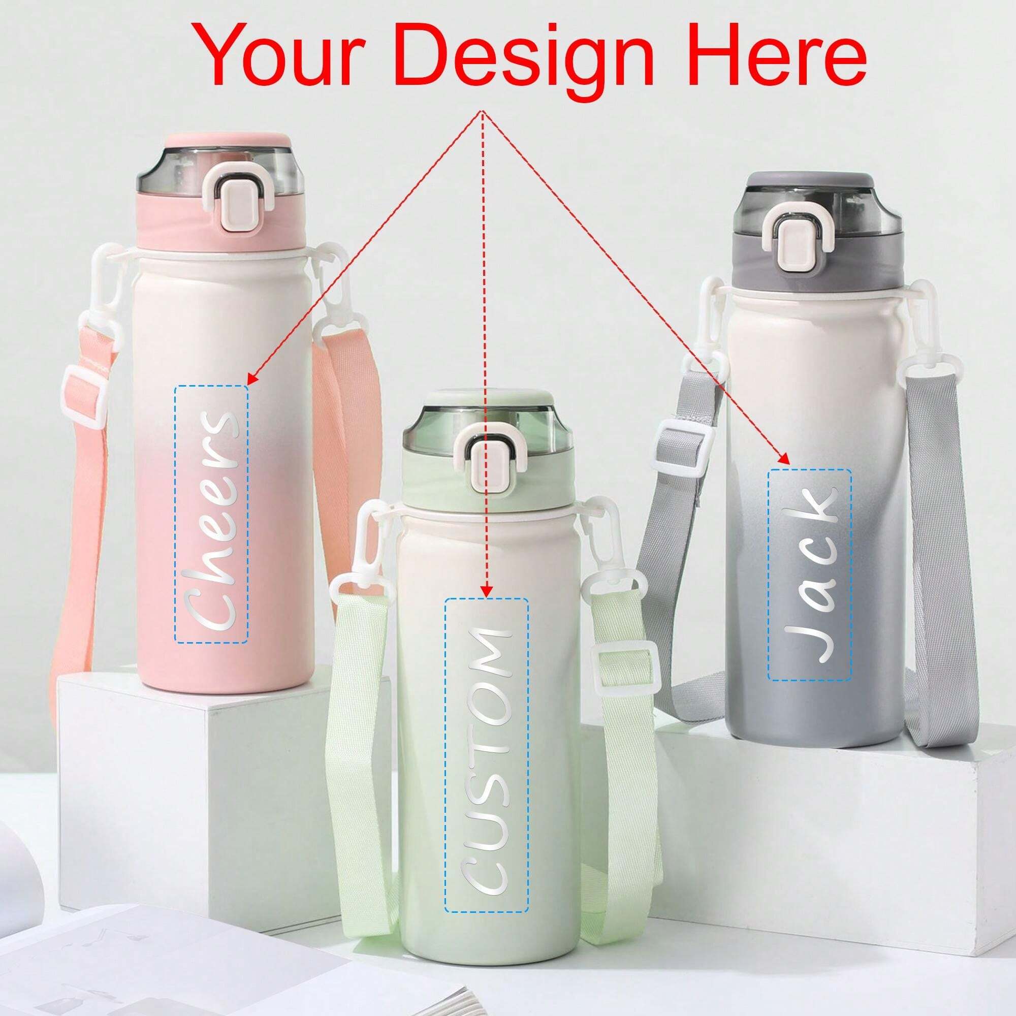 Personalized Laser Text Insulated Water Bottle, Stand With Shoulder