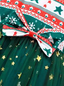 年轻女孩圣诞印花蝴蝶结点缀网眼可爱连衣裙，长袖