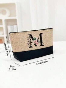 1件卡其色花卉字母图案女士手提包兼化妆包，送给优秀教师的礼物，可重复使用的托特包，女士简约大容量旅行化妆包，多功能便携式女士礼品