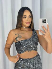 Women's Sequin Shorts & One-Sleeve Top Set Shiny New Year Parties 2024 - Bạc - Xem 8