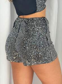 Women's Sequin Shorts & One-Sleeve Top Set Shiny New Year Parties 2024 - Bạc - Xem 3