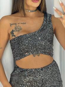 Women's Sequin Shorts & One-Sleeve Top Set Shiny New Year Parties 2024 - Bạc - Xem 5