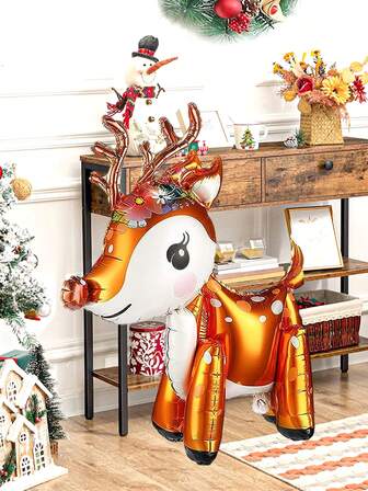 1pc/3pcs 4D Self-Standing Christmas Reindeer Balloons, Polyester Film Reindeer Balloons, Suitable For Christmas Party Supplies, Birthday, Christmas Decorations, Holiday Party, Winter Themed Birthday Decor, Christmas New Year Indoor Decoration, Animal Balloon Party Decoration, Christmas