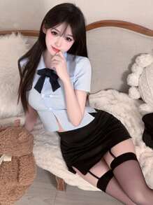 Patched Detail Bow Front Cop Costume Set - Light Blue Policewoman - View 6