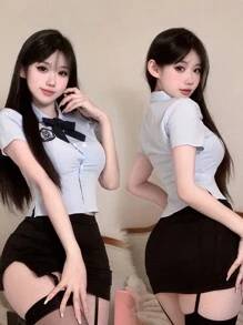 Patched Detail Bow Front Cop Costume Set - Light Blue Policewoman - View 3