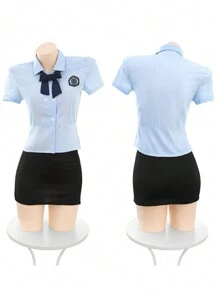 Patched Detail Bow Front Cop Costume Set - Light Blue Policewoman - View 7