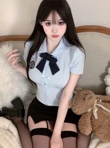 Patched Detail Bow Front Cop Costume Set - Light Blue Policewoman - View 4