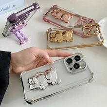 1 件电镀透明 + 全息熊可伸缩手机支架，带 4 角超钢防震手机壳，兼容 iPhone 和 Galaxy - 粉色 - 查看 6