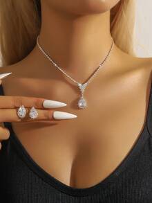 3 件高端简约水滴形耳环和项链套装，闪亮耳钉，锁骨链新娘派对首饰，女士时尚配饰套装，适合日常佩戴和礼物 - 彩色 - 查看 2