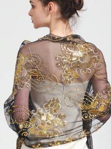 1pc Embroidered Beaded Floral Shawl, Elegant Solid Color Party Shawl, Luxurious Sequin Tassel Shawl, Handmade - Multicolor - View 5