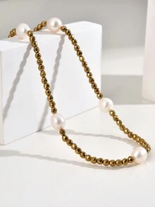 1 chiếc vòng cổ hạt ngọc trai nước ngọt tự nhiên 8-9mm và đá bán quý, phong cách Bohemian dành cho phụ nữ mặc hàng ngày - Hạt mặt - Xem 5