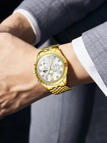 OLEVS. OLEVS Men Watches Business Dress Easy Read Analog Quartz Date Luxury Wrist Watch Silver Casual Stainless Steel Waterproof Luminous Two Tone Watch For Men - 金白 - 查看 4