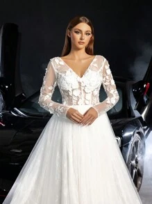 Faeriesty Rochie de mireasa eleganta din dantela transparenta cu aplicatie florala cu decolteu lung, rochie de mireasa alba cu maneca lunga - alb - Vizualizare 8