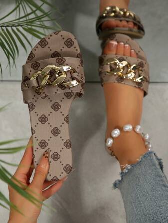 全新女士链条细节平底凉鞋，圆头舒适日常休闲便鞋，花卉夏季海滩风格低跟鞋