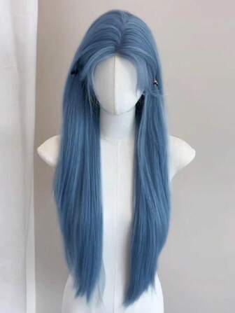 28 Inch U Lace Forehead Blue Long Straight Hair Meddle Part Synthetic Wig Suitable For Holiday Parties Or Cosplay Scenes