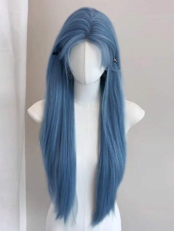28 Inch U Lace Forehead Blue Long Straight Hair Meddle Part Synthetic Wig Suitable For Holiday Parties Or Cosplay Scenes