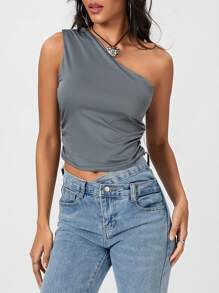 Women's Summer One Shoulder Tank Tops  Soft Stretchy Solid Color Floral For Daily Date Night Party - 灰色 - 查看 7