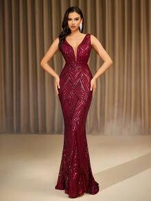 LOVE&LEMONADE Wine Red Deep V-Neck Sequin Floor-Length Evening Gown Dress (Back Panel Random Floral Pattern, Not Intentionally Matched), Elegant Formal Prom Dress, For Wedding Guest, Graduation, Dinner, Party Dress Spring Vacation - Burgundy - View 3