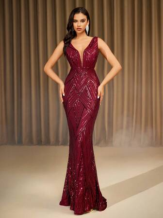 LOVE&LEMONADE Vinröd Djup V-ringad paljett golvlång aftonklänning (bakpanelen slumpmässigt blommönster, inte avsiktligt matchad), Elegant formell balklänning, för bröllopsgäster, examen, middag, festklänning