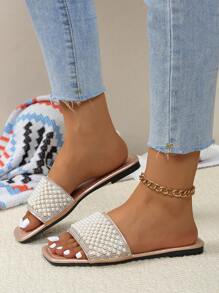 女士平底珍珠和水钻装饰穆勒拖鞋，夏季时尚一脚蹬低跟凉鞋