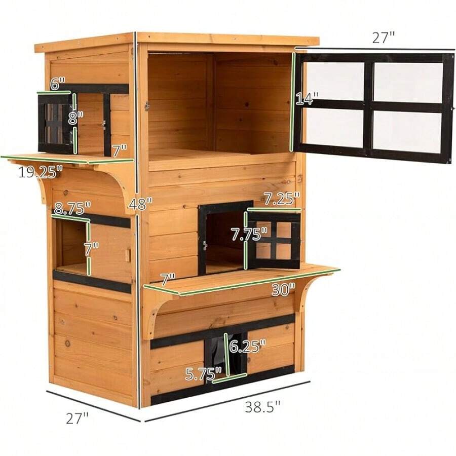 PawHut 3Story Cat House Feral Cat Shelter, Outdoor Kitten Condo With