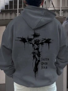 Men's Casual Lightweight Pullover Hoodie With Jesus Cross Letter Print, Drawstring, Loose Fit, Spring/Autumn