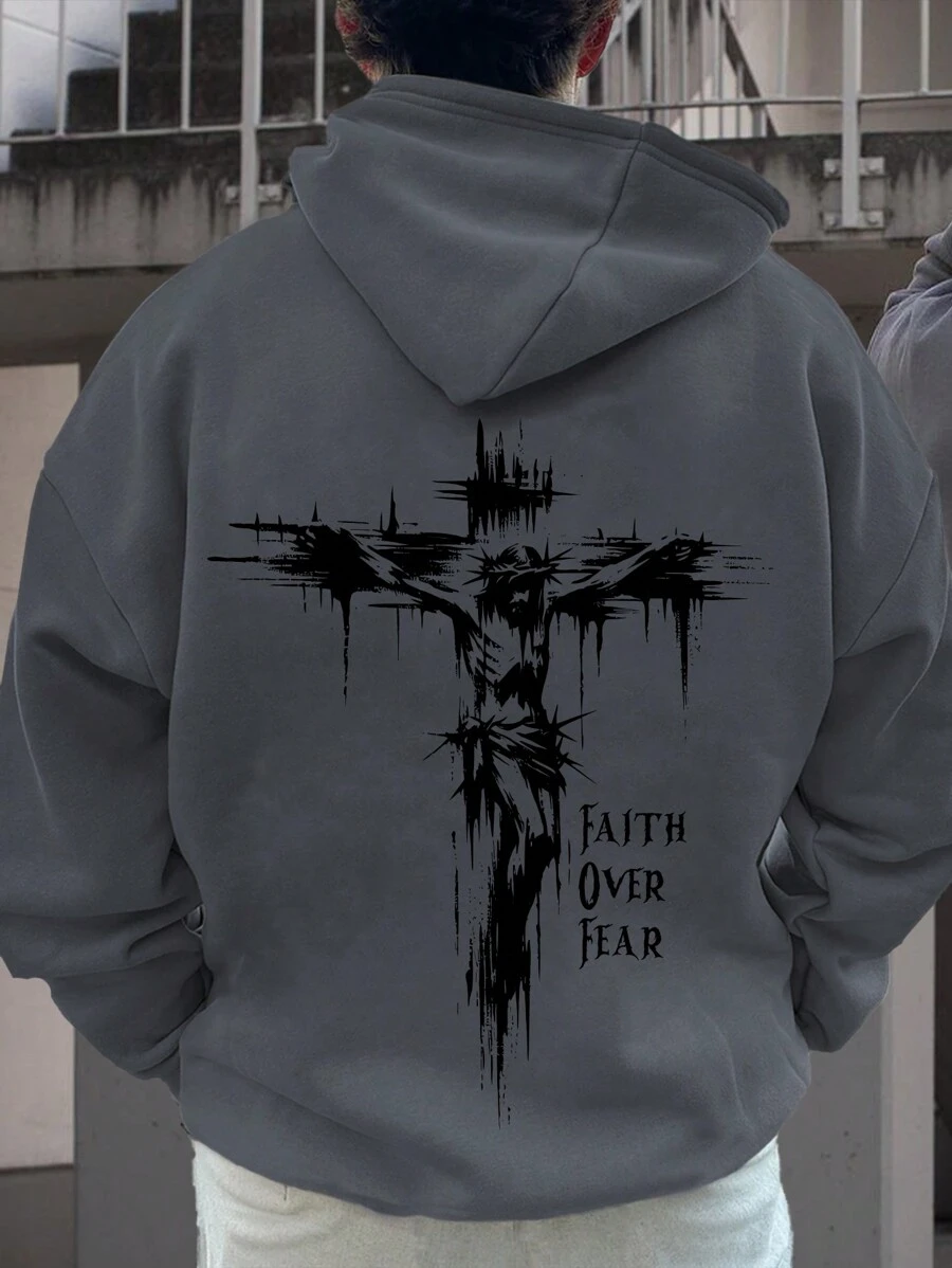 Men's Casual Lightweight Pullover Hoodie With Jesus Cross Letter Print, Drawstring, Loose Fit, Spring/Autumn - Grey - View 1