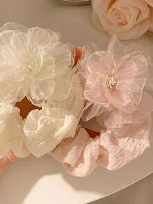 1 dây buộc tóc hoa trà, dây buộc tóc đuôi ngựa bằng vải organza mềm mại, phụ kiện tóc cỡ lớn có phụ kiện trang trí bên hông - Nhiều màu - Xem 4