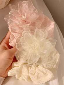 1 dây buộc tóc hoa trà, dây buộc tóc đuôi ngựa bằng vải organza mềm mại, phụ kiện tóc cỡ lớn có phụ kiện trang trí bên hông - Nhiều màu - Xem 3