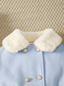 Mantel Bulu Imitasi Warna Polos Elegan untuk Remaja Perempuan dengan Topi + Sabuk, Musim Gugur/Dingin - Biru - View 3