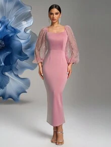 Fuaheng 亮片拼布灯笼袖方领后开衩派对礼服，优雅长袖正式晚礼服，适合婚礼嘉宾、毕业典礼、晚宴 - 粉色 - 查看 4