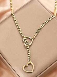 1pc Valentine's Day Punk Style Hollow Heart Chain Necklace, Alloy Gold-Tone Jewelry Gift Suitable For Casual, Party Wear Valentines