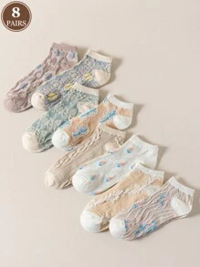 8pairs Vintage Floral Patterned Soft & Breathable Summer Women Boat Socks - Multicolor - View 1