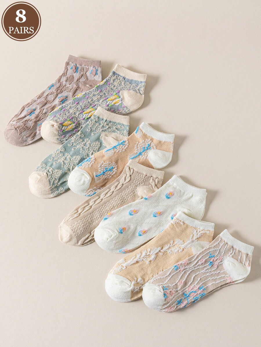 8pairs Vintage Floral Patterned Soft & Breathable Summer Women Boat Socks - Multicolor - View 1