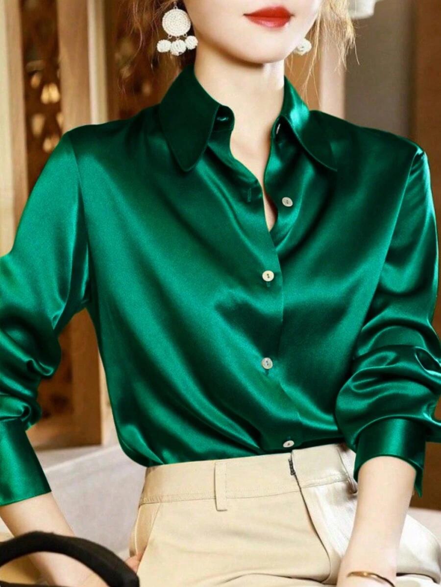 女士纯色前扣优雅办公室长袖衬衫