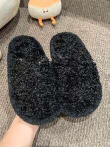 1 双女童软底简约时尚室内拖鞋，蓬松带，舒适秋冬 - 黑色 - 查看 5