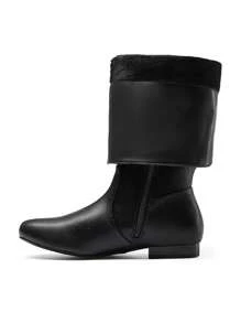 Women's Wide Calf Knee High Boots Fur Lined Pull On Side Zipper Classic Elegant Fall Weather Winter Boots - 黑色 - 查看 5