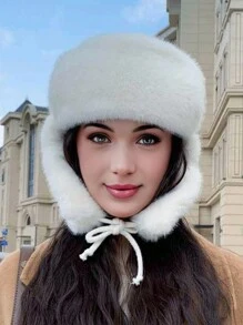 1pc Women's Solid Color Striped Trapper Hat, Fashionable And Versatile Knitted Cable Beanie For Autumn/Winter, Suitable For Outdoor Activities Like Skiing