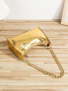 时尚鳄鱼纹包金色粗链拉链腋下包多功能女士腋下包防水、轻便、商务休闲鳄鱼压纹包适合青少年女大学生、新人、白领办公室、大学、工作、商务、通勤 - 金色 - 查看 3