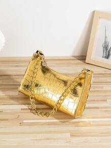 时尚鳄鱼纹包金色粗链拉链腋下包多功能女士腋下包防水、轻便、商务休闲鳄鱼压纹包适合青少年女大学生、新人、白领办公室、大学、工作、商务、通勤 - 金色 - 查看 1