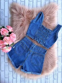 Premium Shorts And Cropped Jeans Set With Embroidered Hearts For Children/Youth - 中等水洗藍 - 查看 4