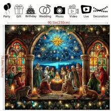 圣诞快乐背景布 - 皇宫版，油画风格冬季和耶稣降生场景，温暖的冬季色彩，涤纶，适用于客厅、户外装饰、现场直播、照相亭 - 无需电源 - 彩色 - 查看 2