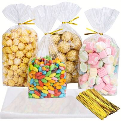 100PCS Bottom Gusset Bags, Clear Plastic Cellophane Treat Goodie Bags With 100PCS Gold Twist Ties For Party Favor, Candy, Cookie, Popcorn, Dessert, Bakery, Small Gift Wrapping